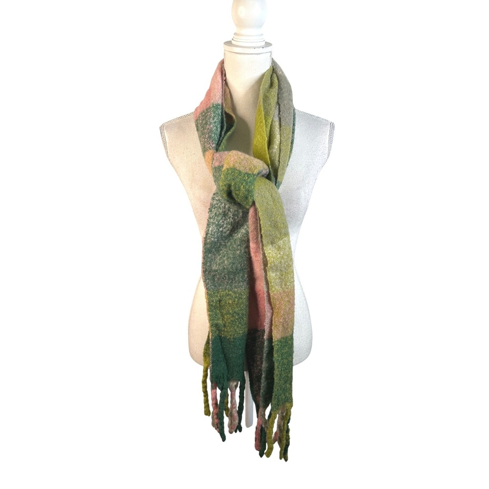 A New Day Women's Green Pink Plaid Chunky Knit Fringe Oversized Scarf OS